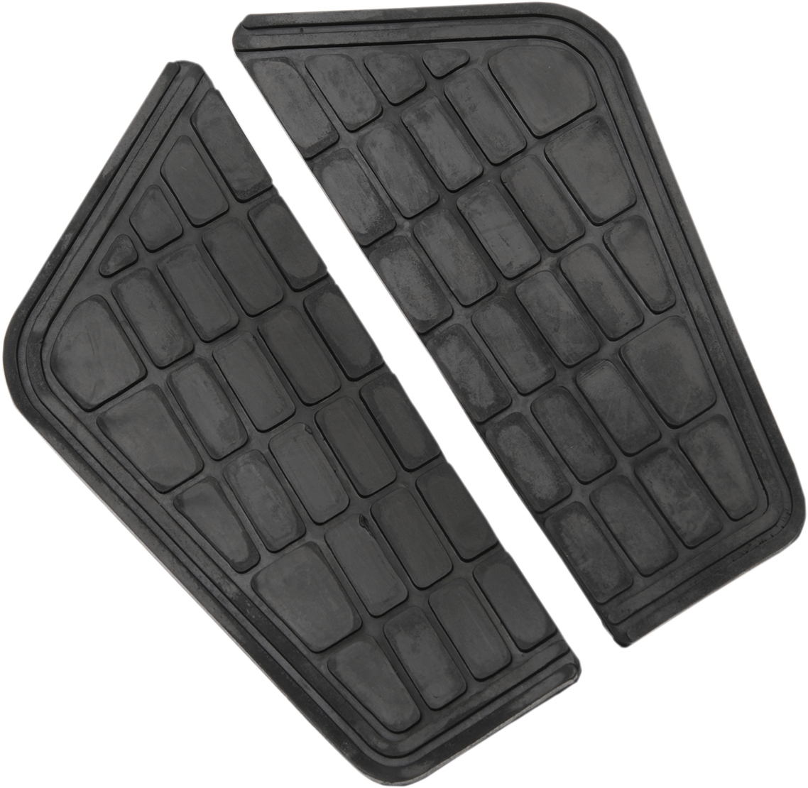Parts Unlimited black replacement floorboard pads for motorcycles, part number 720211-HC9, shown on a motorcycle floor.