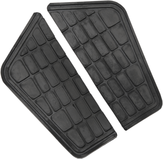 Parts Unlimited black replacement floorboard pads for motorcycles, part number 720211-HC9, shown on a motorcycle floor.