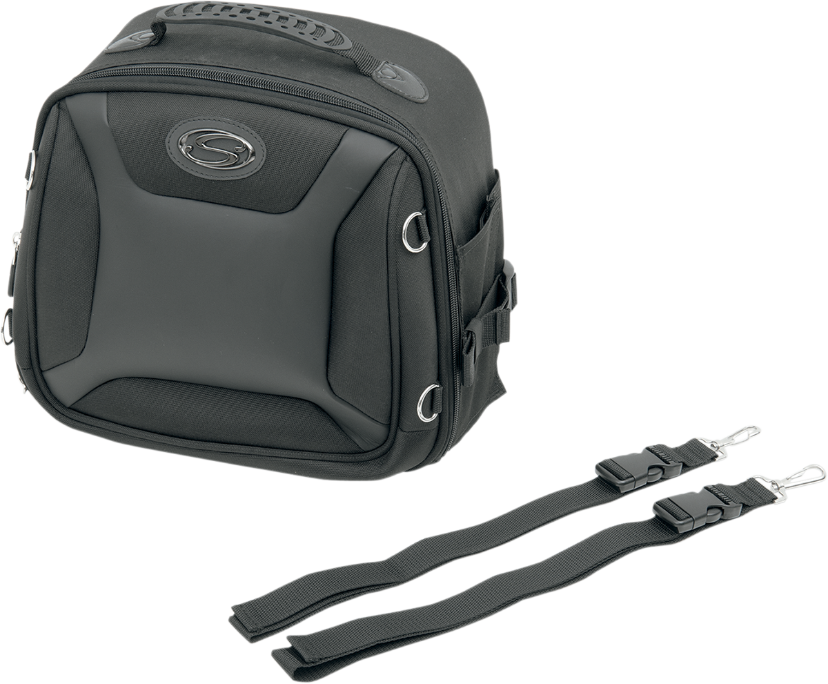 Bill's Exhausts Saddlemens FTB1000 sport sissy bar bag mounted on motorcycle seat, black weather-resistant storage bag.