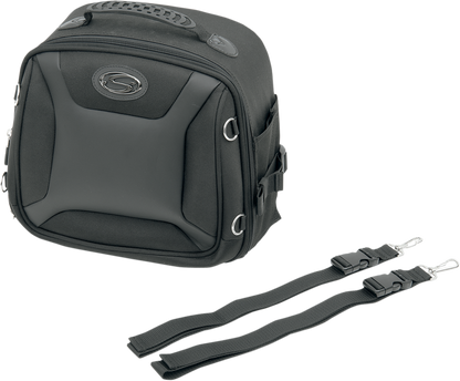 Bill's Exhausts Saddlemens FTB1000 sport sissy bar bag mounted on motorcycle seat, black weather-resistant storage bag.