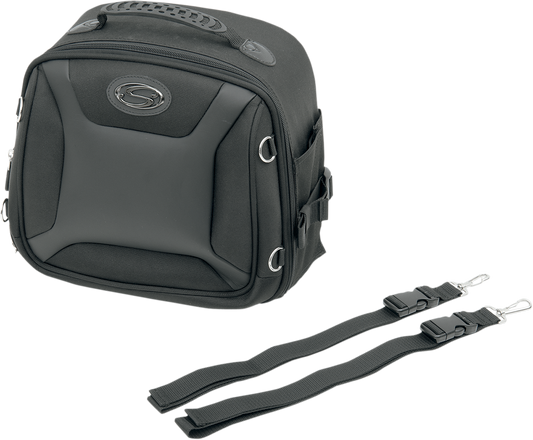 Bill's Exhausts Saddlemens FTB1000 sport sissy bar bag mounted on motorcycle seat, black weather-resistant storage bag.
