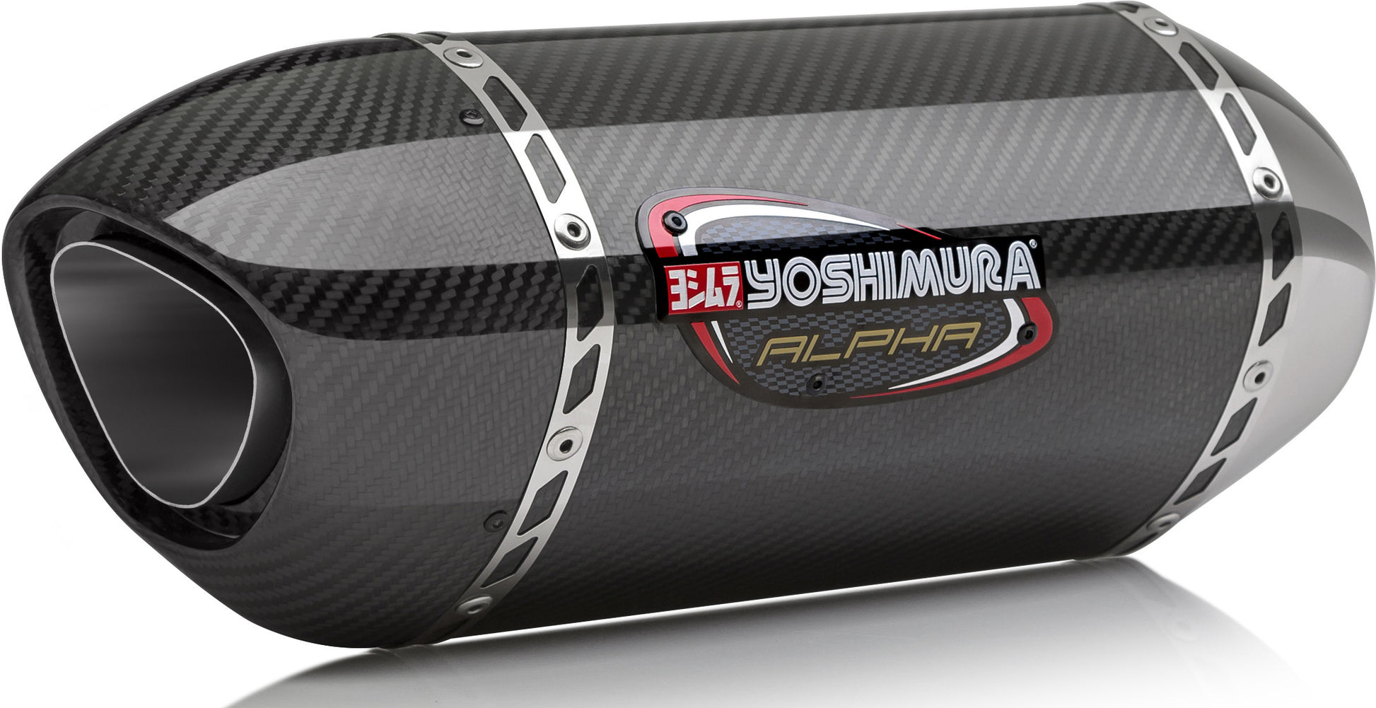 YOSHIMURA RS-12 ADV Street Alpha T slip-on exhaust with matte carbon fiber end cap, showcasing sleek design and exhaust outlet.