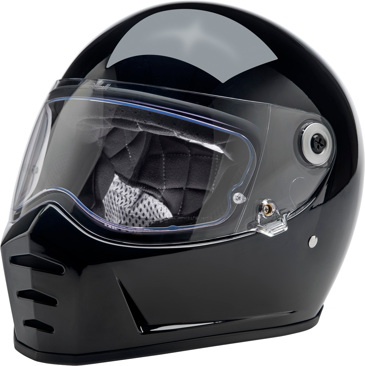 BILTWELL Lane Splitter Shield with Pinlock and ProtecTINT for motorcycle, clear visor, mounted on helmet.