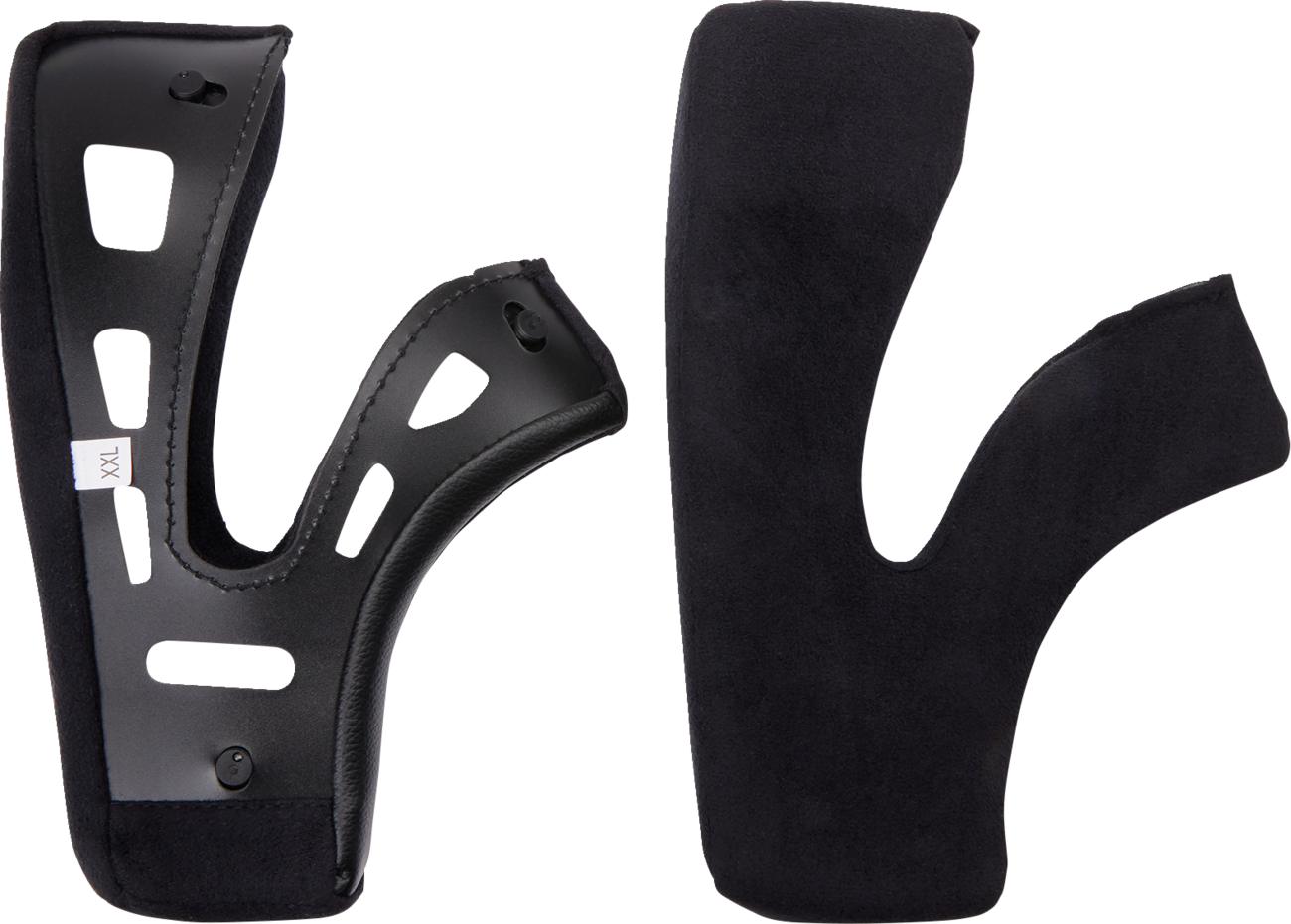 Black AGV X101 cheek pads in XL size, showing the padded interior and exterior design for motorcycle helmet comfort.