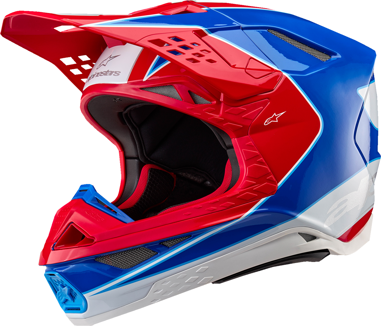 Alpinestars Supertech M10 helmet in bright red and blue with Aeon MIPS® technology, small size, aerodynamic racing helmet.