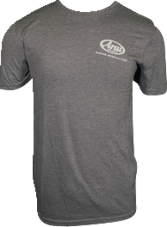 Arai Helmets T-shirt in dark heather gray with Arai logo, small size, featuring a comfortable cotton fabric and casual fit.
