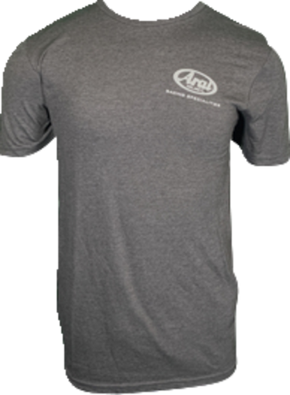 Arai Helmets T-Shirt in dark heather gray, medium size, featuring the Arai Helmets logo and design on the front.