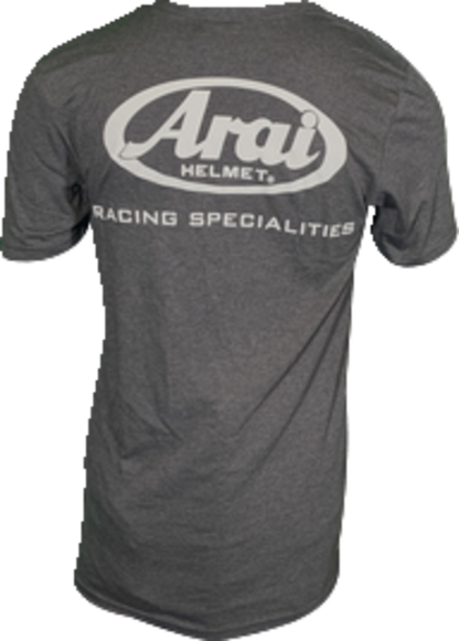 Dark Heather Gray Arai Helmets T-shirt featuring Arai Helmet logo, small size with product number 121563, casual and comfortable fit.
