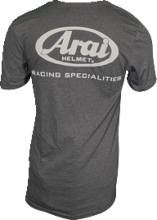 Dark Heather Gray Arai Helmets T-shirt featuring Arai Helmet logo, small size with product number 121563, casual and comfortable fit.