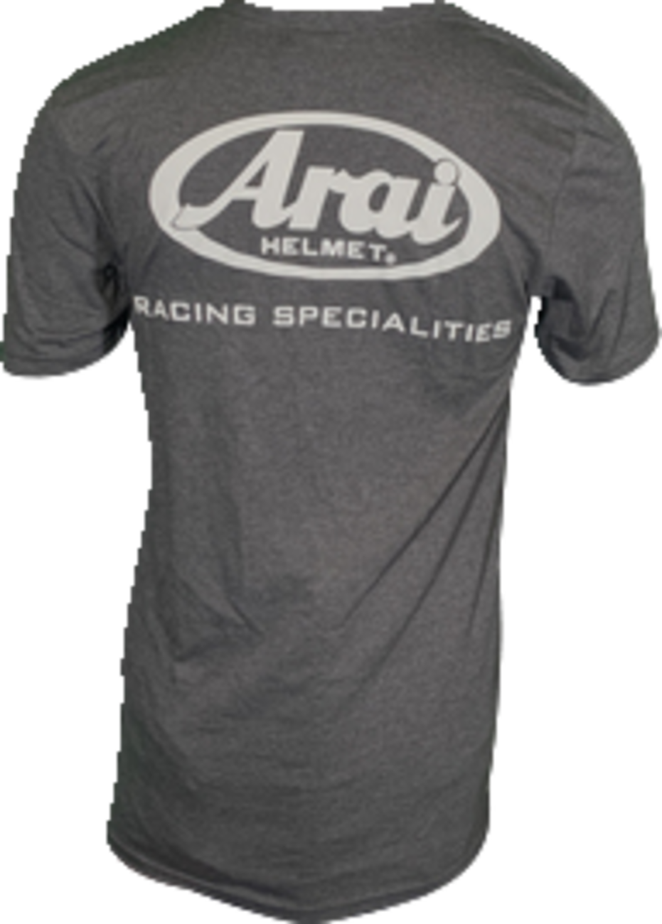 Arai Helmets T-Shirt in dark heather gray, medium size, featuring the Arai Helmets logo and branding on front.