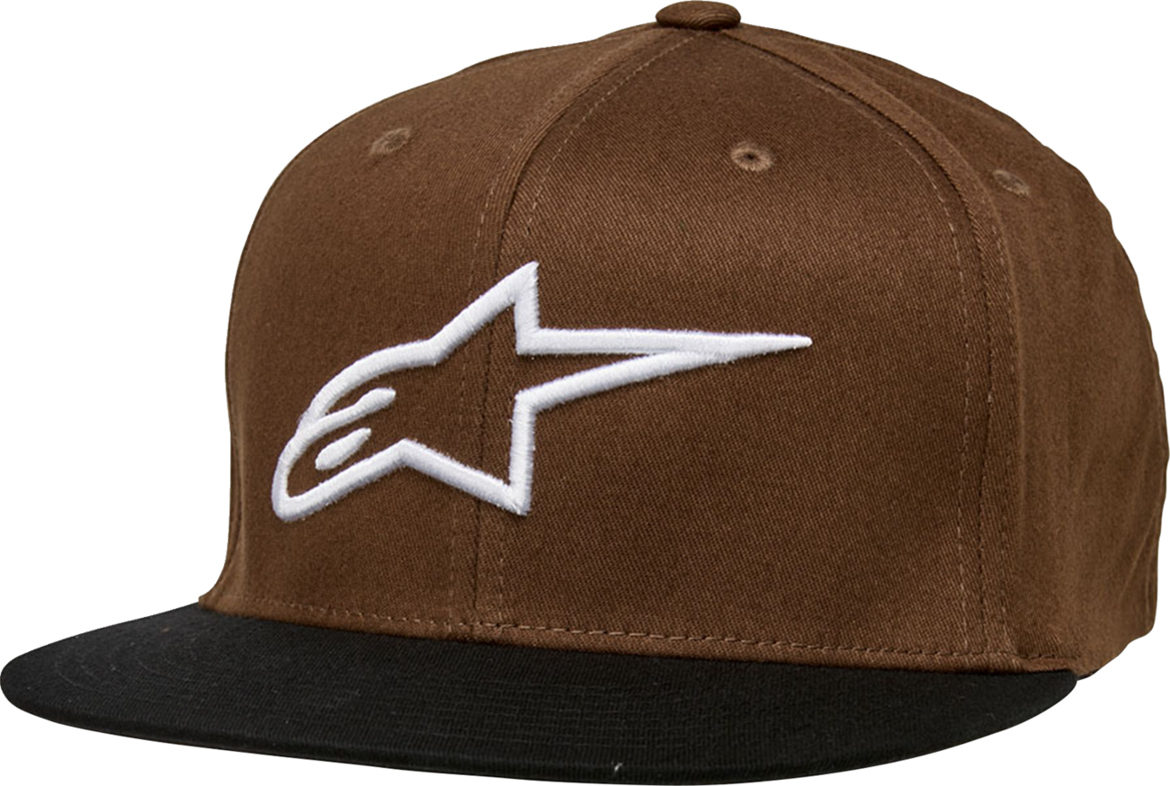 Alpinestars Ageless flat bill hat in brown and black, small/medium size, with a curved brim and brand logo on the front.