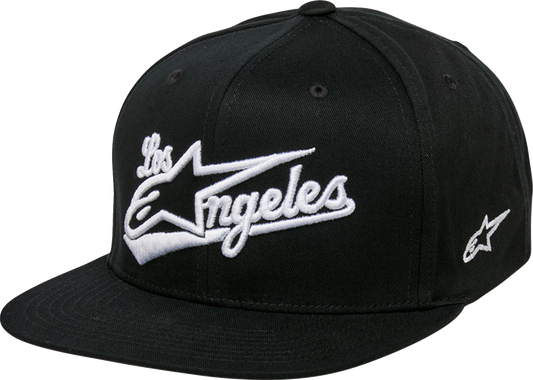 Black and white Alpinestars Los Angeles hat with 3D embroidered logo, flat bill, and structured crown.