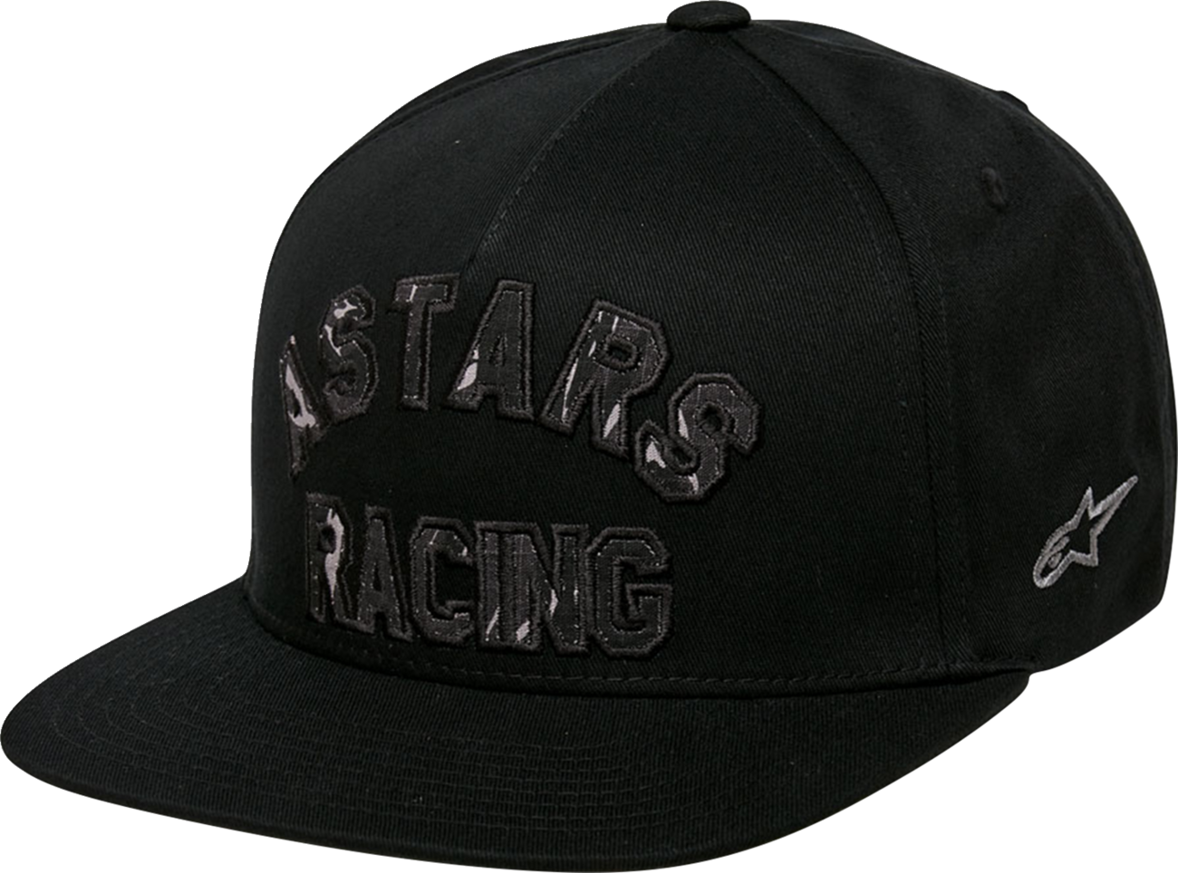 Alpinestars Assured hat with black camo applique and structured crown, versatile one-size cap with branding details.