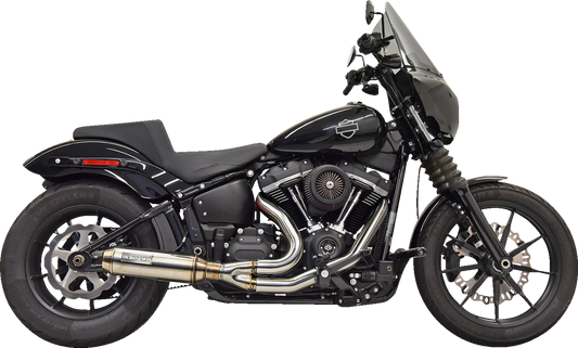 Stainless steel BASSANI XHAUST 1S77SS 2-into-1 super bike exhaust system with 4-inch muffler, shown on a motorcycle.