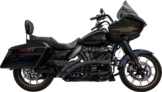 Bassani Xhaust Sweeper radial exhaust system with black finish and slotted heat shields, installed on a motorcycle.