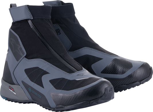 Alpinestars CR-8 Gore-Tex® riding shoes in black, grey, and blue with US size 8 display, featuring durable motorcycle footwear design.