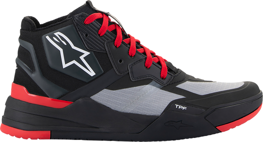 Alpinestars Speedflight performance riding shoes in black, red, and white for US size 12, showing sleek motorcycle footwear design.