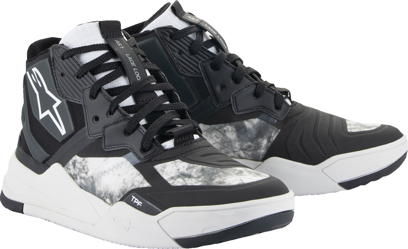 Alpinestars Speedflight performance riding shoes in black, gray, and white with US 13.5 size, featuring sleek motorcycle footwear design.