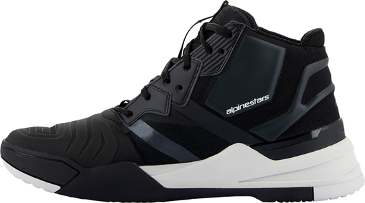 Alpinestars Speedflight performance riding shoes in black and white, US 13.5, EU 47.5, showing sleek motorcycle footwear design.