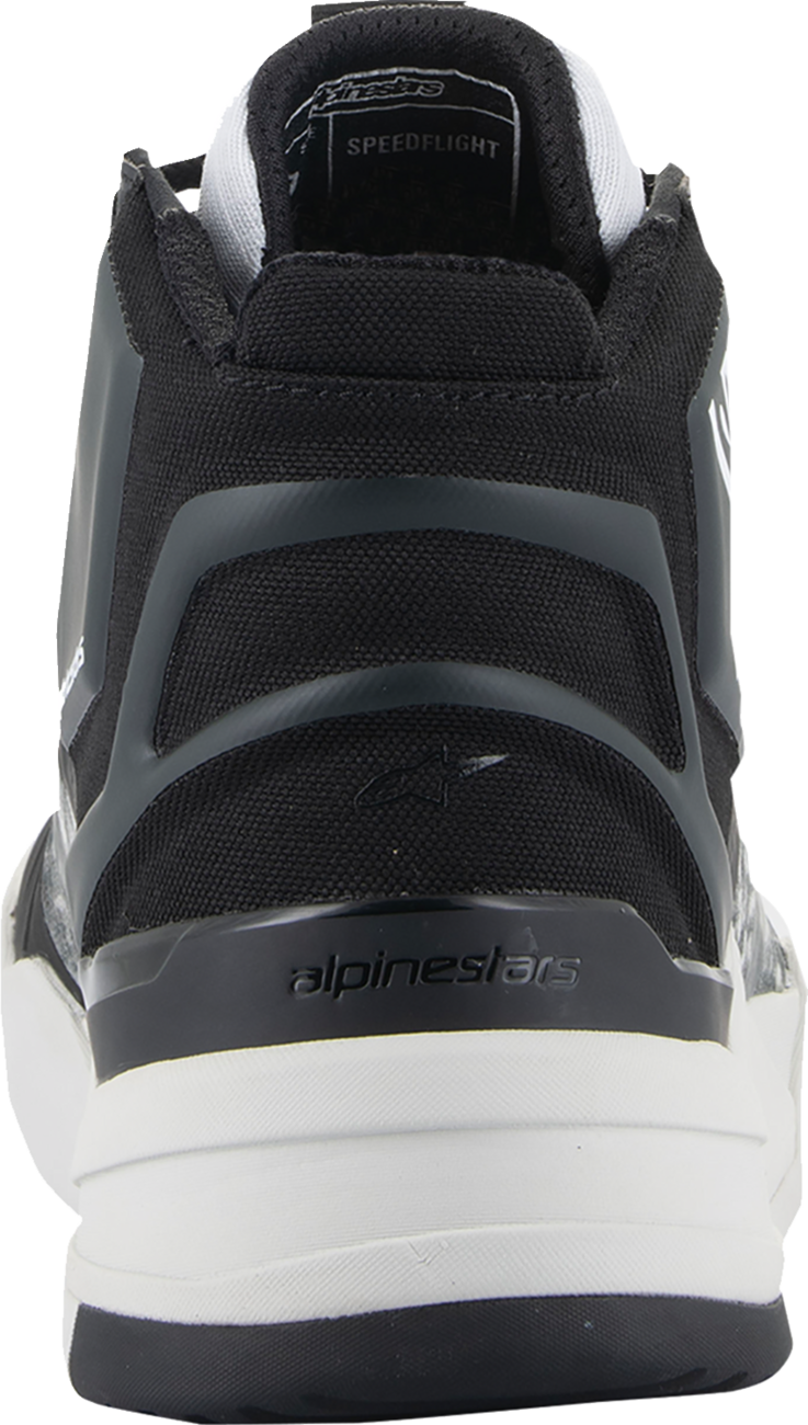 Alpinestars Speedflight performance riding shoes in black, gray, and white with US 13.5 size, featuring sleek motorcycle footwear design.