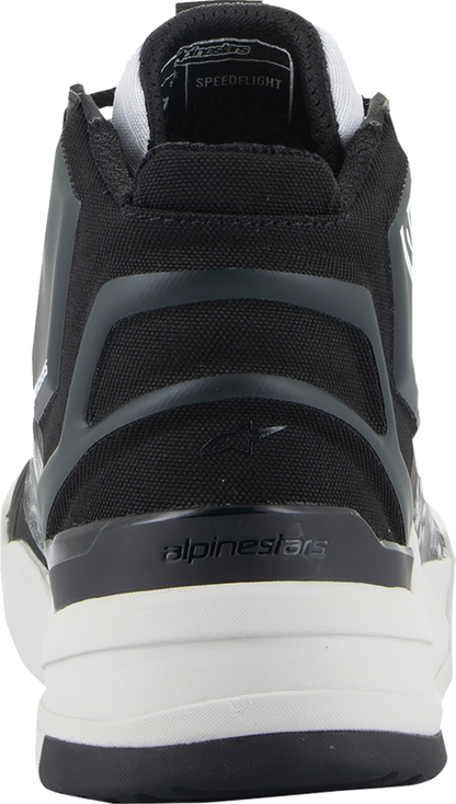 Alpinestars Speedflight performance riding shoes in black, gray, and white, men's US 10 / EU 43, showing sleek design and sporty style.