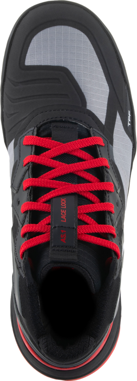 Alpinestars Speedflight performance riding shoes in black, red, and white colorway, US 9 / EU 42, showcasing sporty motorcycle footwear.
