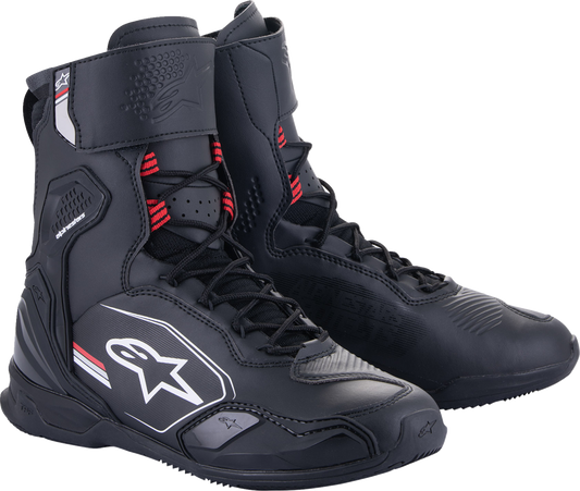 Alpinestars Superfaster motorcycle shoe in black, gray, and red, US 11.5, with sporty design and textured sole.