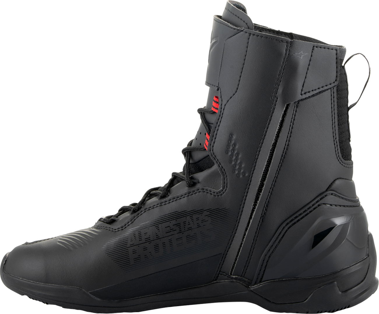 Alpinestars Superfaster motorcycle shoe in black, gray, and red with US 12.5 size, showing sporty design and protective features.
