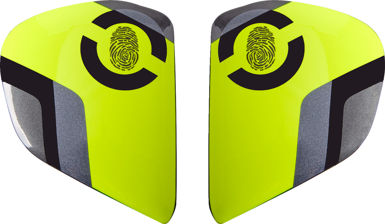 ARAÍ Helmets Vas-V side pods in fluorescent yellow with face design, compatible with ARAI helmets.