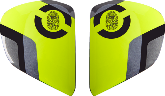 ARAÍ Helmets Vas-V side pods in fluorescent yellow with face design, compatible with ARAI helmets.