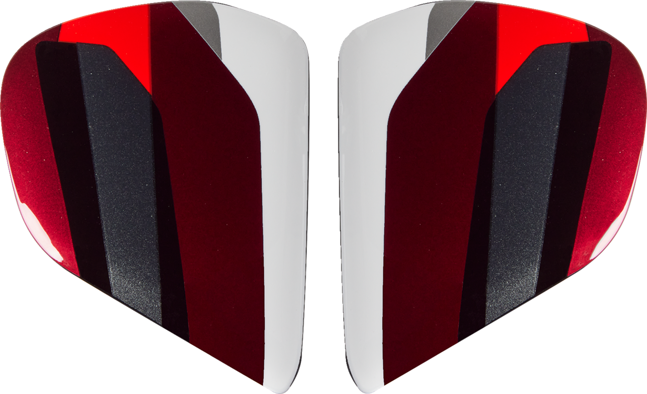 Red ARAI HELMETS Vas-V Side Pods with snake design, compatible with ARAI helmets, shown on a plain background.