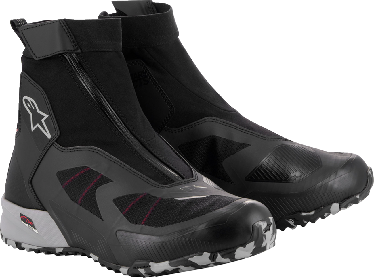 Alpinestars CR-8 Gore-Tex waterproof motorcycle riding shoes in black, grey, and red, US 10.5 / EU 43.5, showcasing durable design