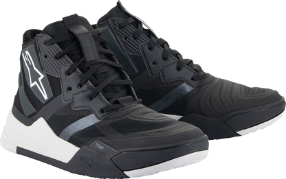 Alpinestars Speedflight performance riding shoe in black and white, US 11.5 / EU 45, showcasing sleek motorcycle footwear.