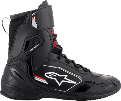 Alpinestars Superfaster motorcycle shoe in black, gray, and red with US 12.5 size, showing the sporty design and protective features.