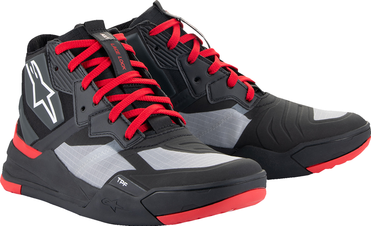 Alpinestars Speedflight performance riding shoes in black, red, and white with US 11.5 size, designed for motorcycle riding.