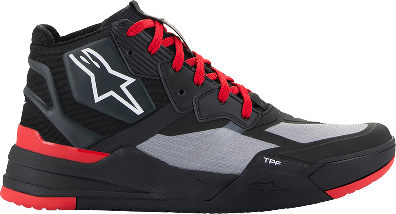 Alpinestars Speedflight performance riding shoes in black, red, and white, US 11.5 / EU 45, showing side view and design details.