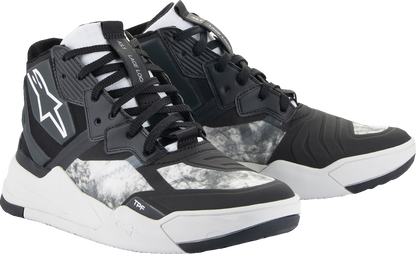 Alpinestars Speedflight men's riding shoes in black, gray, and white with sporty design and breathable material.