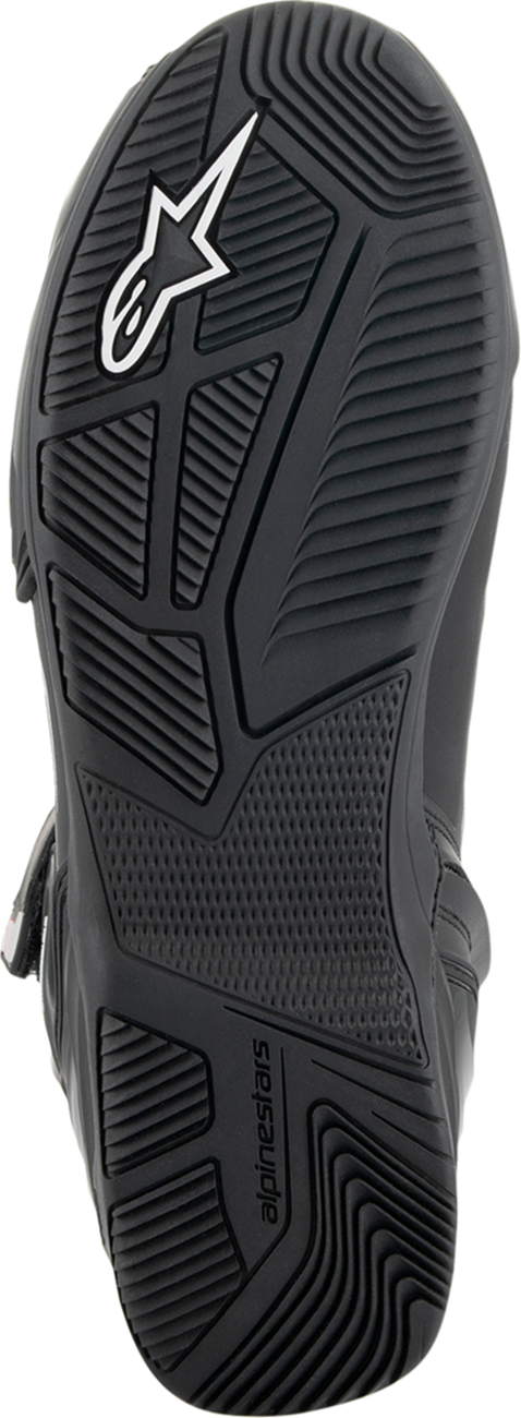 Alpinestars Superfaster motorcycle shoe in black, gray, and red with US 12.5 size, showing the sleek design and durable material.