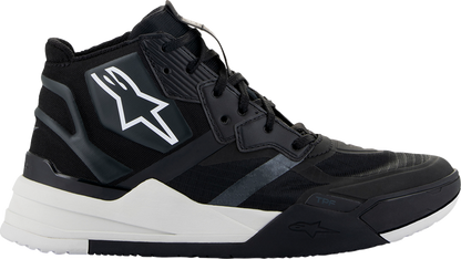 Alpinestars Speedflight performance riding shoe in black and white, US size 14, close-up view showing sleek design and protective features.