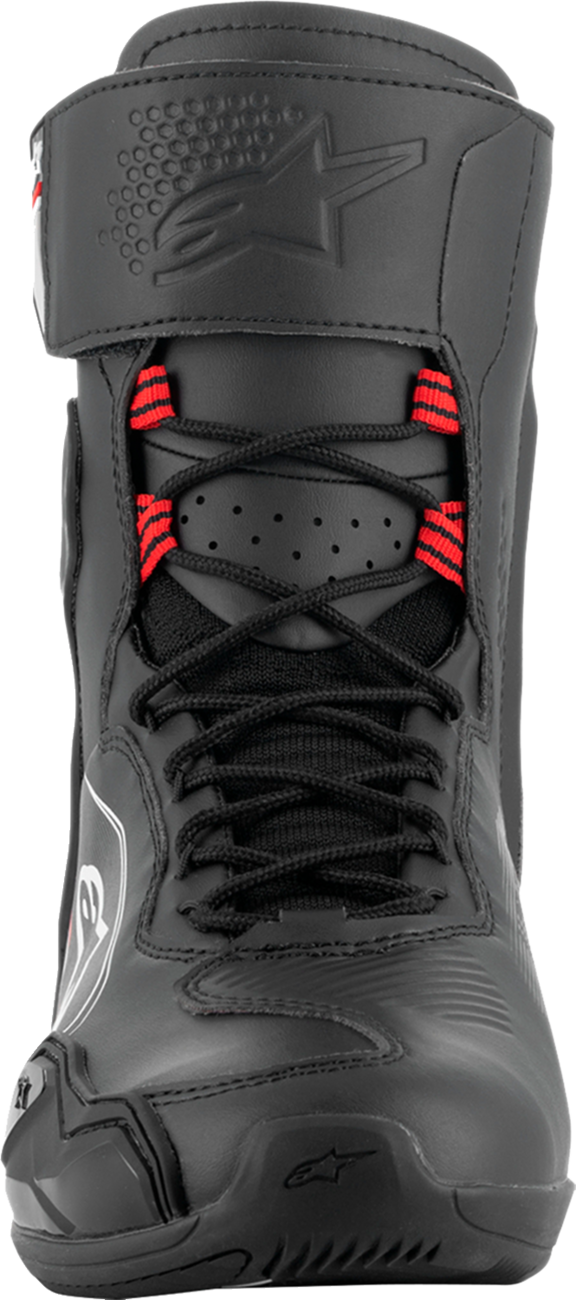 Alpinestars Superfaster motorcycle shoe in black, gray, and red with US size 12.5, showing the sporty design and durable construction.