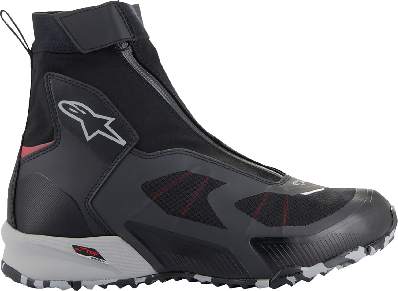 Alpinestars CR-8 Gore-Tex® riding shoes in black, grey, and red with US 12.5 / EU 46 size, featuring durable motorcycle footwear design.