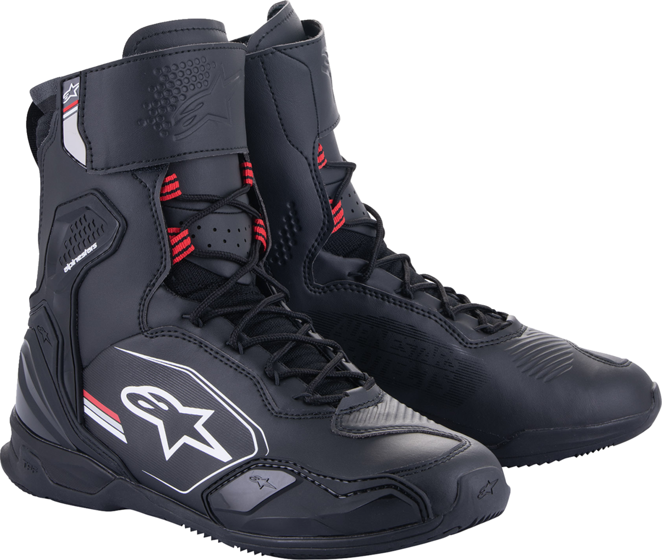 Alpinestars Superfaster Shoe in black, gray, and red, US size 8, showing the sporty design and branding details.
