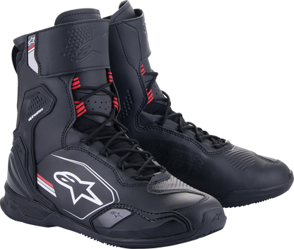 Alpinestars Superfaster Shoe in black, gray, and red, US size 8, showing the sporty design and branding details.