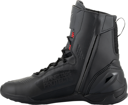Alpinestars Superfaster motorcycle shoe in black, gray, and red, US size 8, featuring sporty design and durable material.