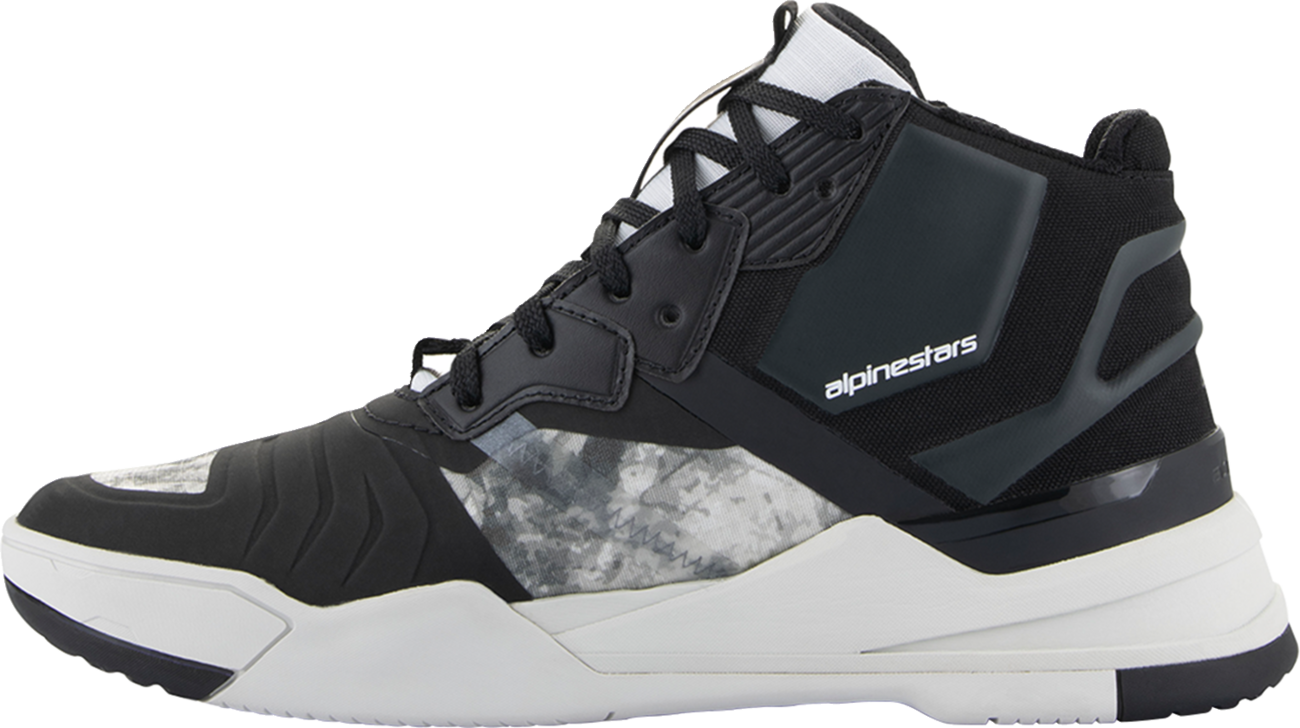 Alpinestars Speedflight riding shoes for men in black, gray, and white, featuring sporty design and performance footwear details.