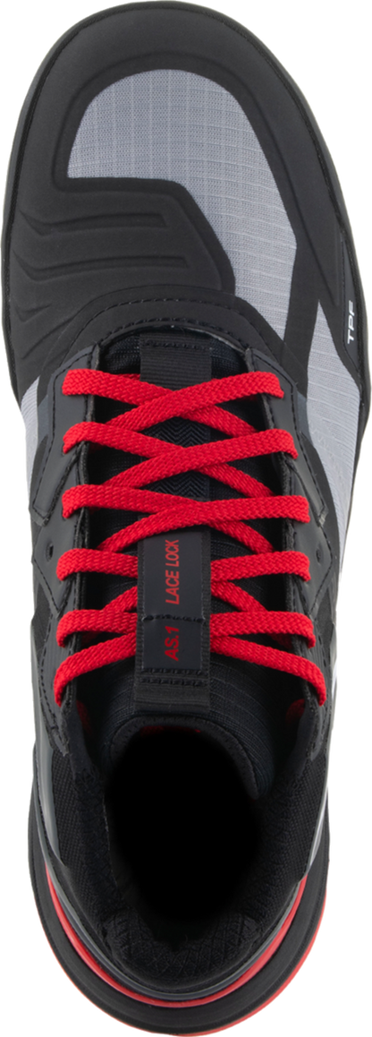 Alpinestars Speedflight performance riding shoes in black, red, and white, US 11.5 / EU 45, with sleek design and protective features.