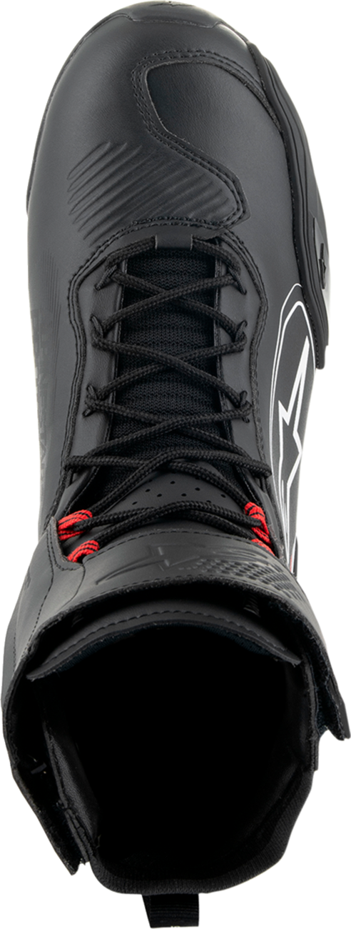 Alpinestars Superfaster motorcycle shoe in black, gray, and red with US 12.5 size, showing the sporty design and branding.