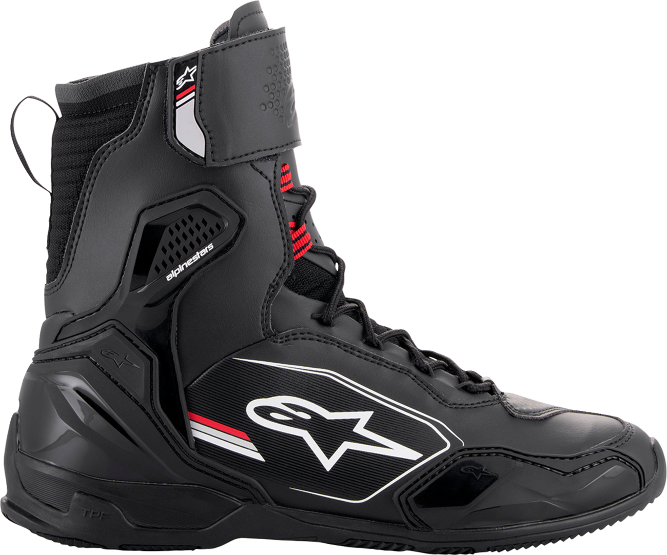 Alpinestars Superfaster motorcycle shoe in black, gray, and red, US size 8, featuring durable design and sporty style.