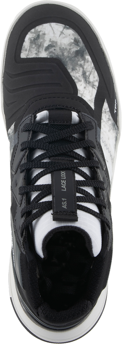 Alpinestars Speedflight men's riding shoes in black, gray, and white with sport-inspired design and protective features.