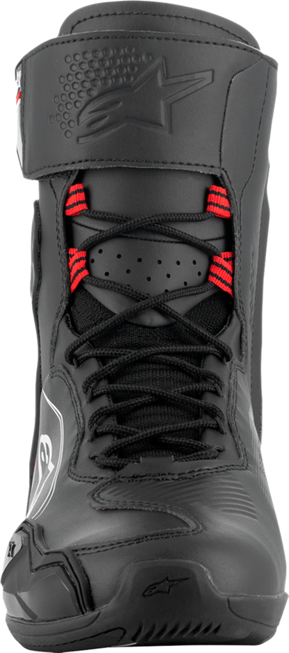Alpinestars Superfaster motorcycle shoe in black, gray, and red with US size 8, featuring sporty design and durable construction.